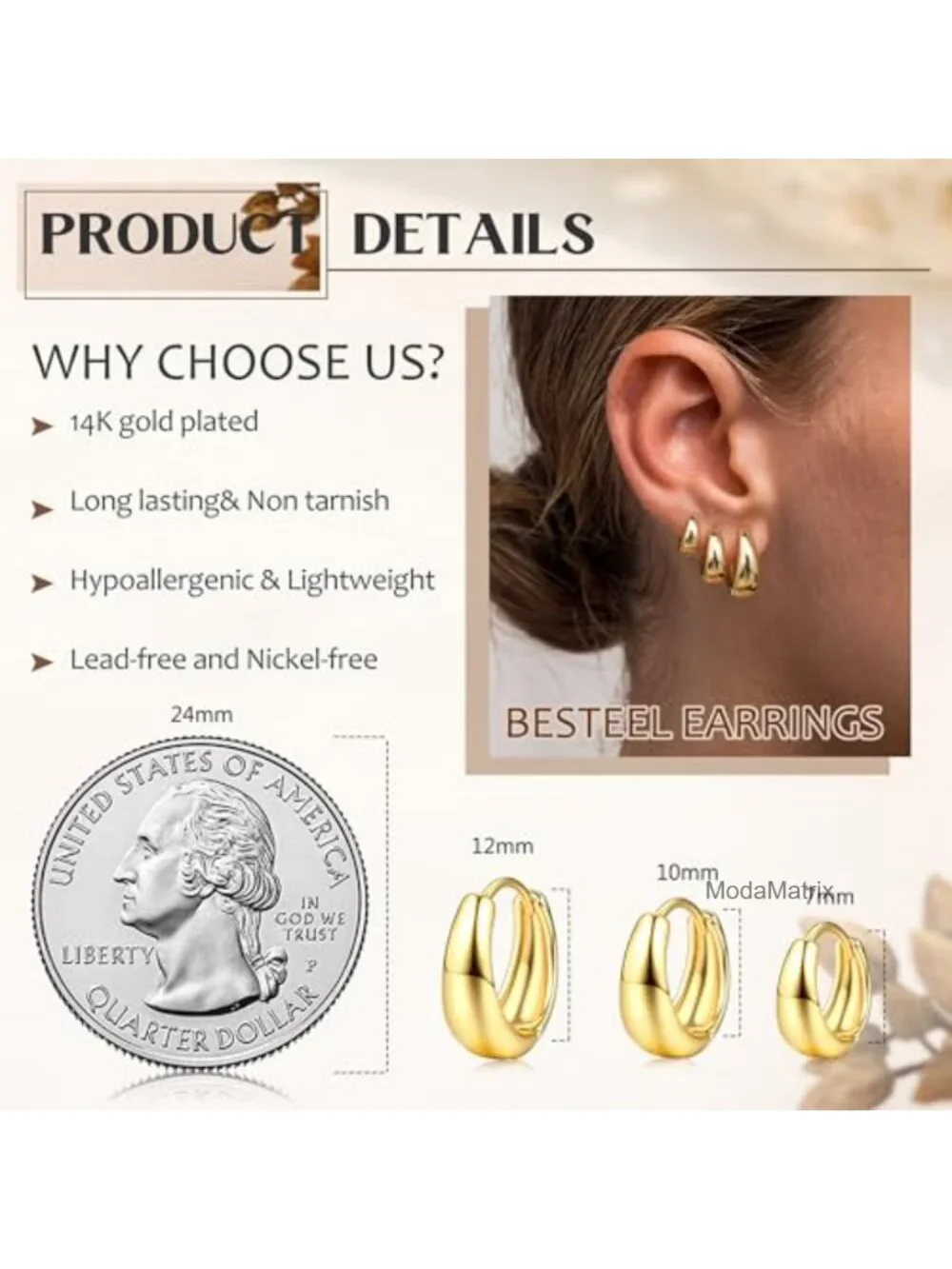 14K Gold Plated Hoop Earrings Set - 3 Pairs Chunky Huggie Earrings for Women